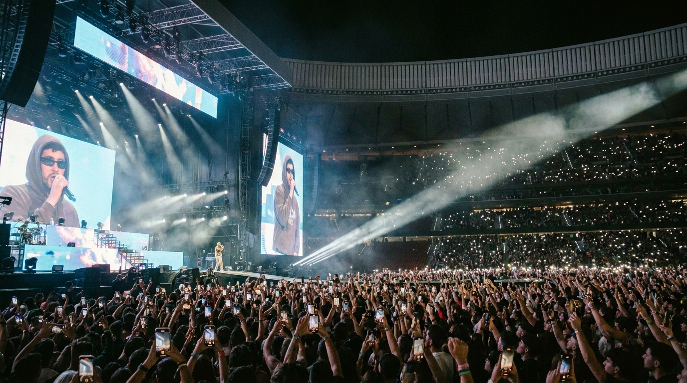 Bad Bunny actúa sobre un gran escenario iluminado ante un estadio Metropolitano lleno en Madrid.