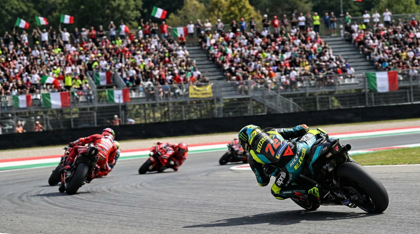 Marco Bezzecchi pilota su Aprilia número 72 inclinado en una curva del circuito de Mugello, con Ducatis rojas por detrás.