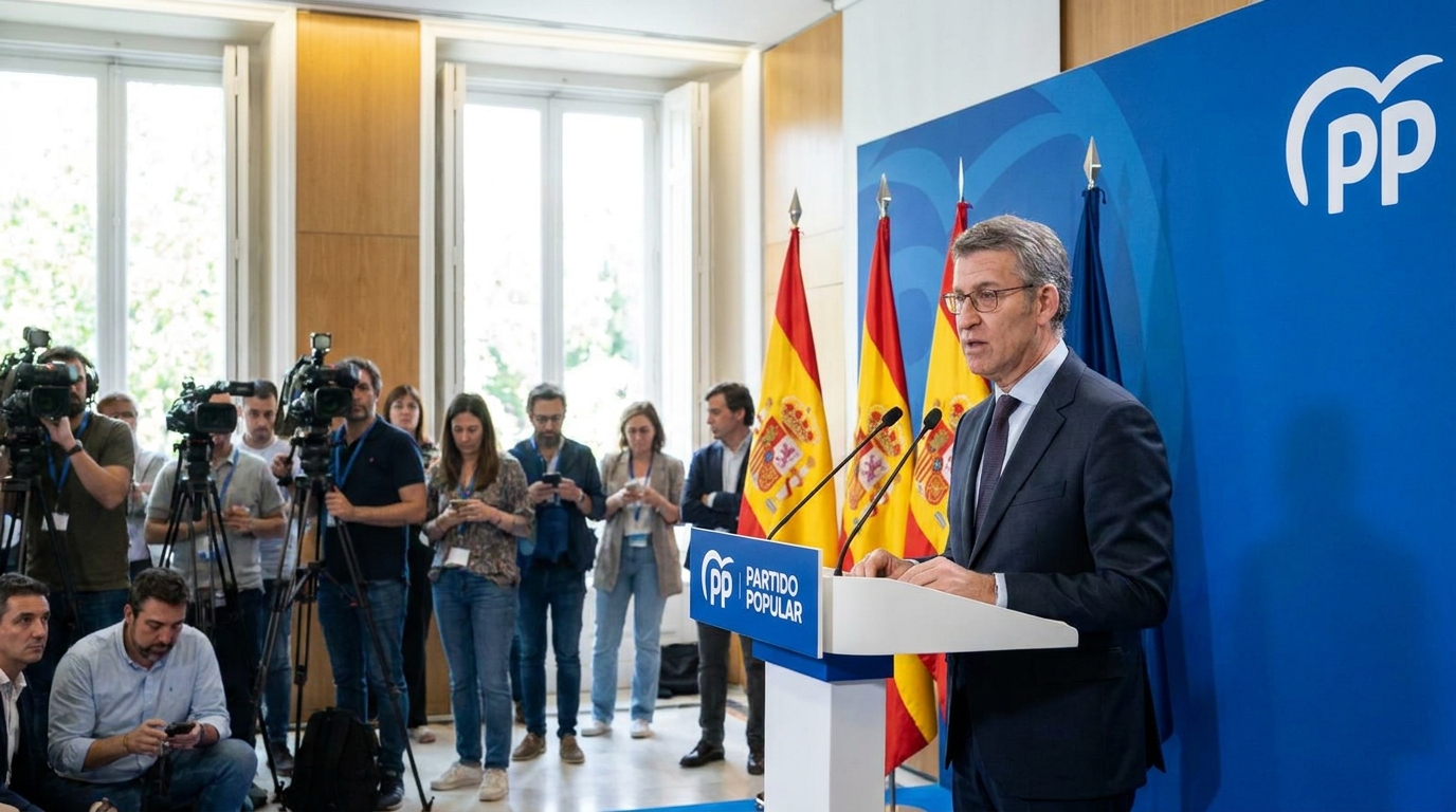 Alberto Núñez Feijóo interviene ante un atril con banderas de España y la imagen del PP en Madrid.