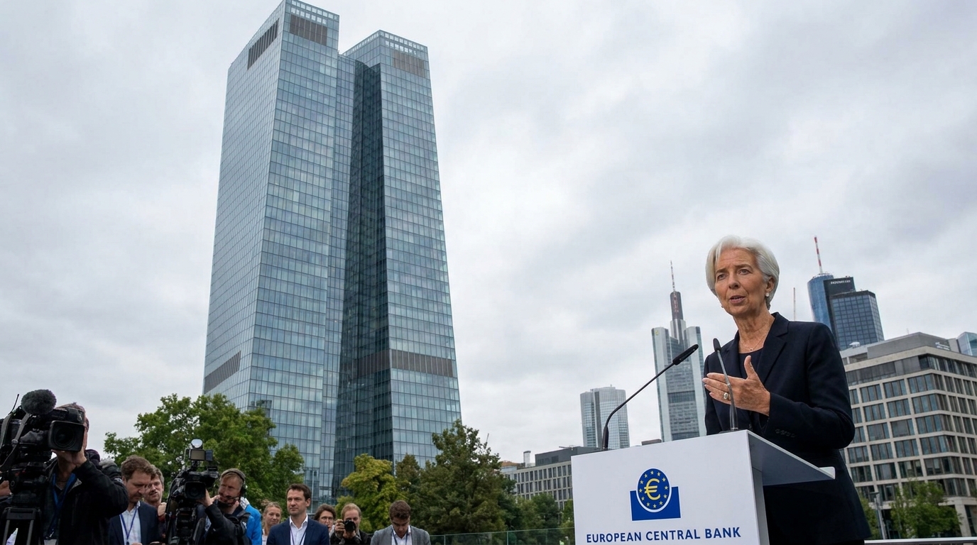 Christine Lagarde comparece ante un atril con el logo del BCE, con la sede del banco en Fráncfort al fondo.