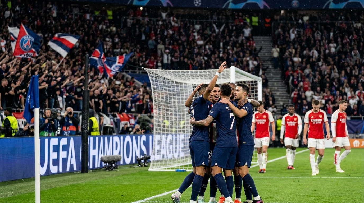 Jugadores del PSG, de azul marino, celebran un gol ante futbolistas del Arsenal, de rojo, en la final de Champions en Budapest.
