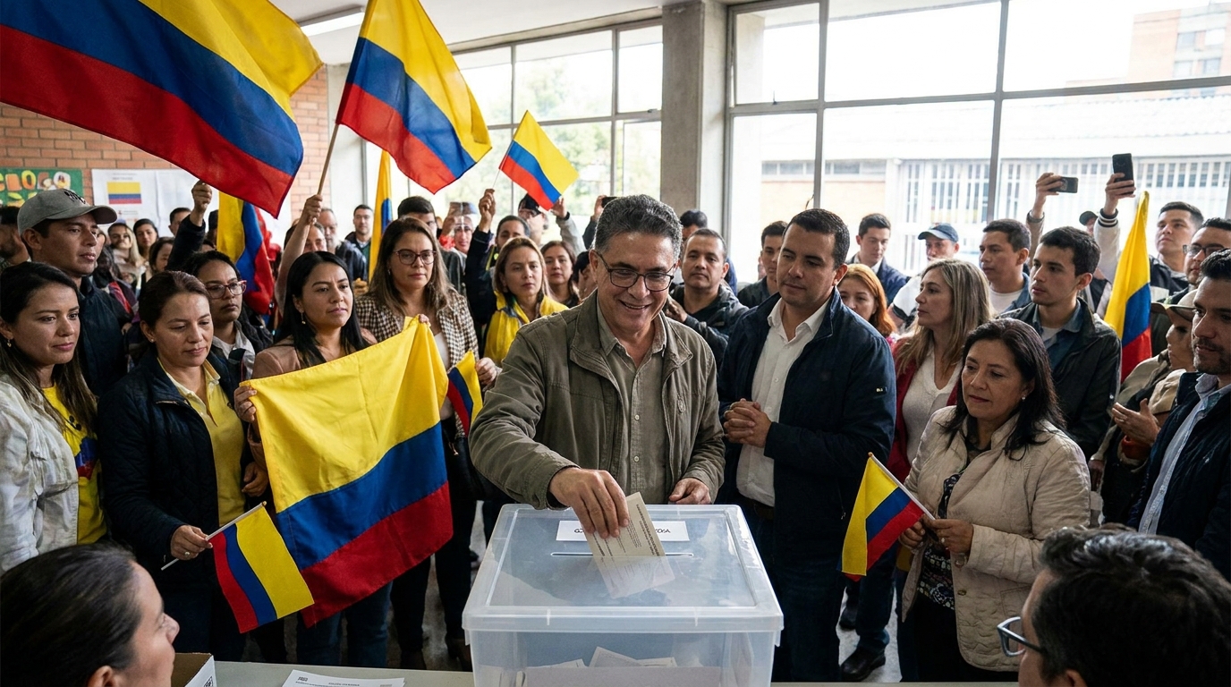Iván Cepeda vota en un colegio electoral de Bogotá rodeado de simpatizantes con banderas de Colombia.