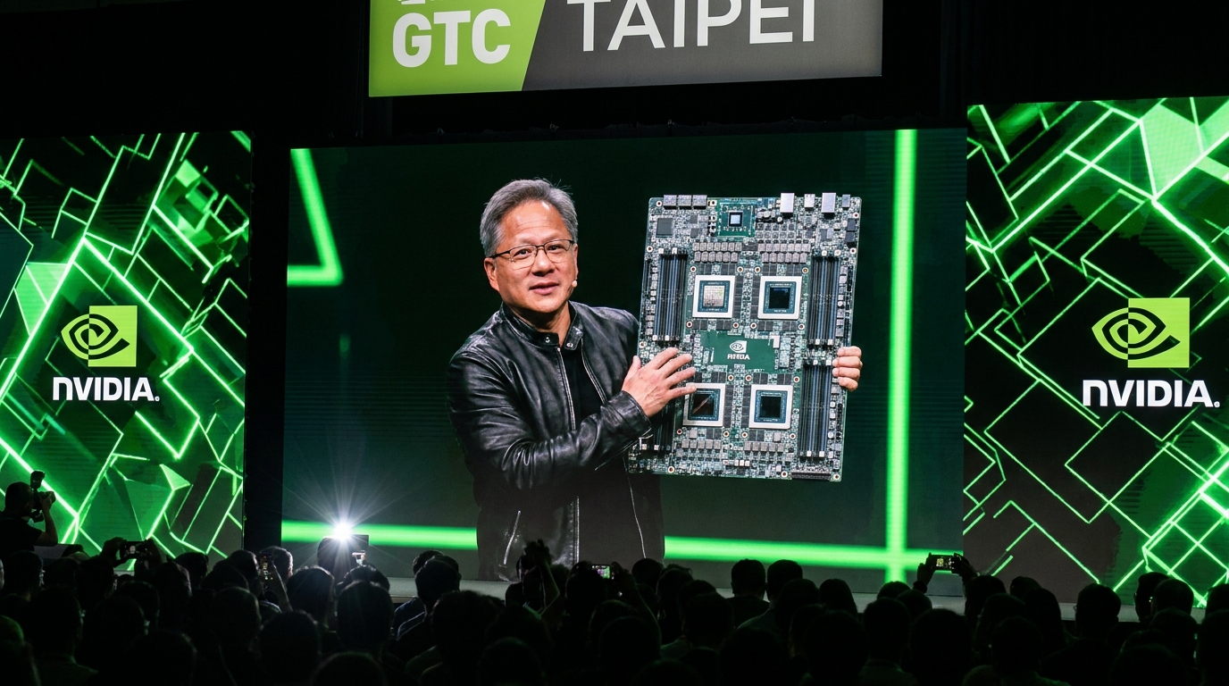 Jensen Huang, con su chaqueta de cuero negra, muestra una placa de GPU en el escenario de la GTC Taipei.