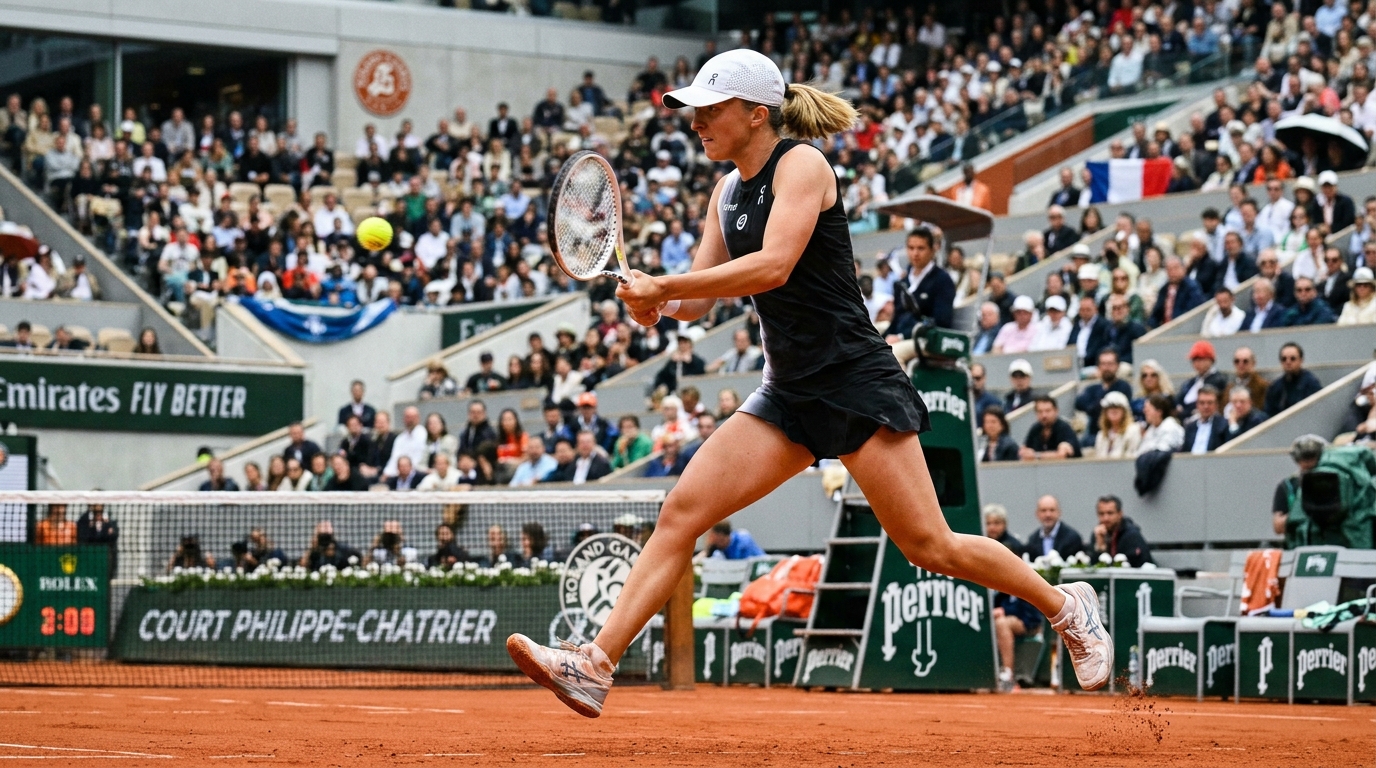 Iga Świątek golpea de derecha sobre la tierra batida de la pista Philippe-Chatrier en Roland Garros.